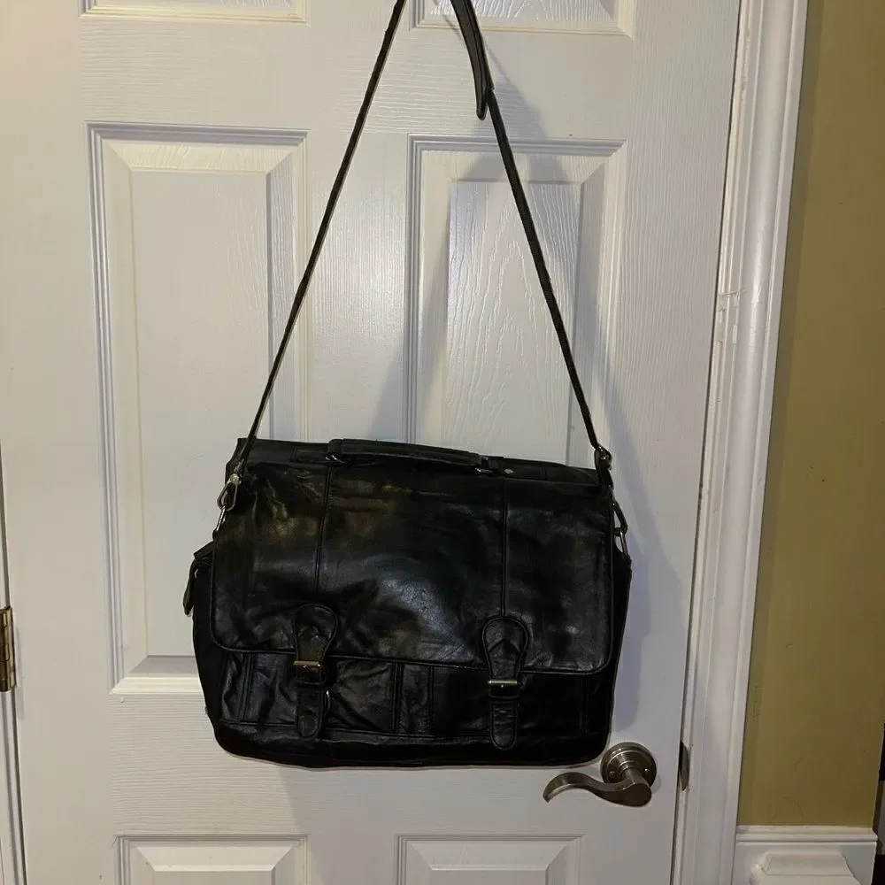 Wilson leather Black Leather Briefcase laptop Nylon side silver tone hardwares.